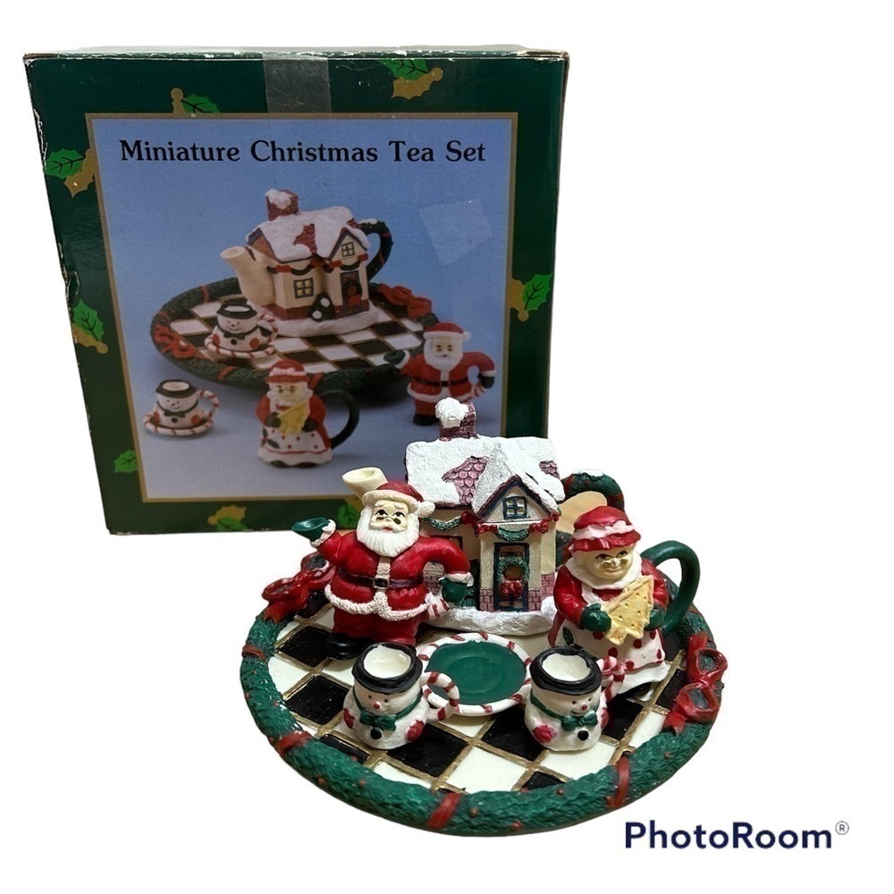 Vintage Miniature Christmas Tea Set Santa Claus Mrs. Claus Ceramic Green Red